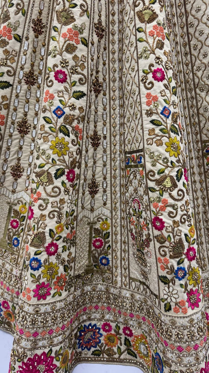 Off White Pure Gadhwal Silk Thread Embroidery Crystal &amp; Pearl Hand Sequins Bridal Lehenga Choli