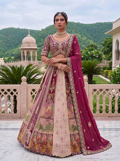 Pink Pure Banarasi Silk &amp; Satin Silk Heavy Embroidery Dori &amp; Zari Hand Mirror Sequins Work Bridal Lehenga Choli