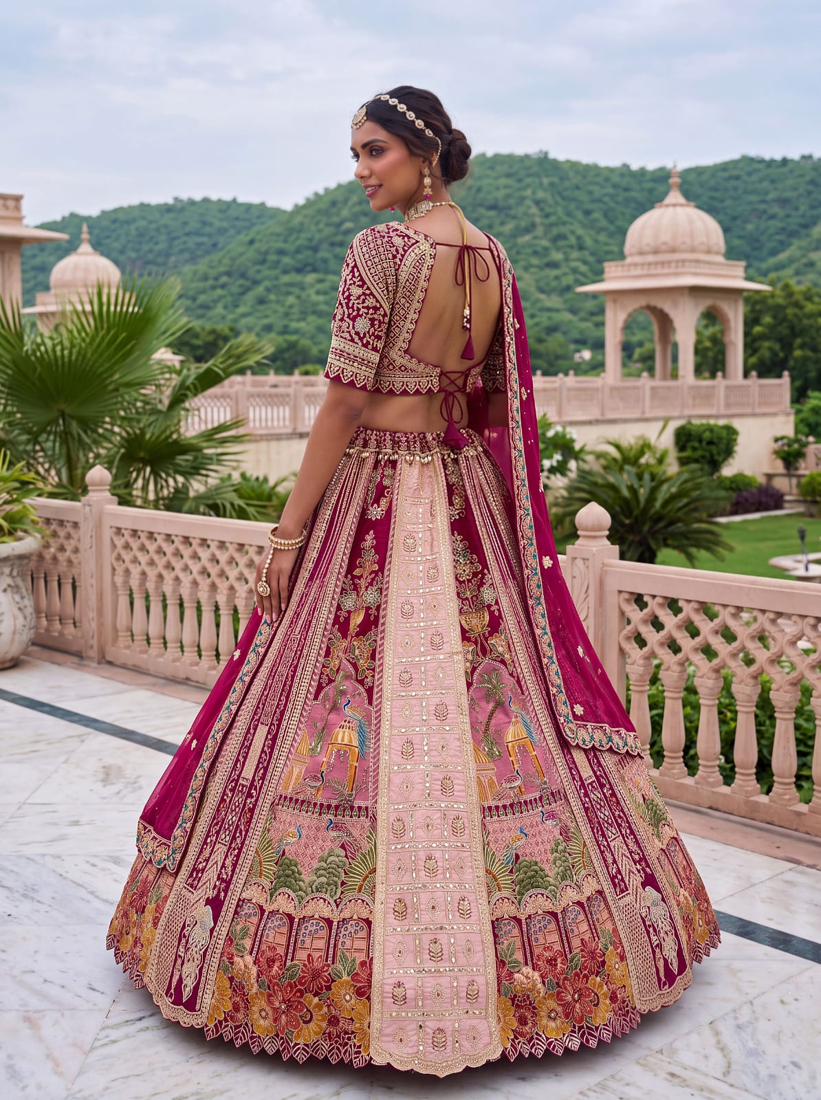 Pink Pure Banarasi Silk &amp; Satin Silk Heavy Embroidery Dori &amp; Zari Hand Mirror Sequins Work Bridal Lehenga Choli
