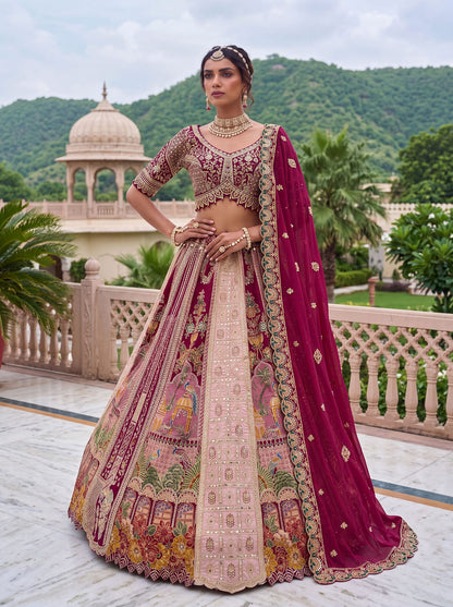 Pink Pure Banarasi Silk &amp; Satin Silk Heavy Embroidery Dori &amp; Zari Hand Mirror Sequins Work Bridal Lehenga Choli