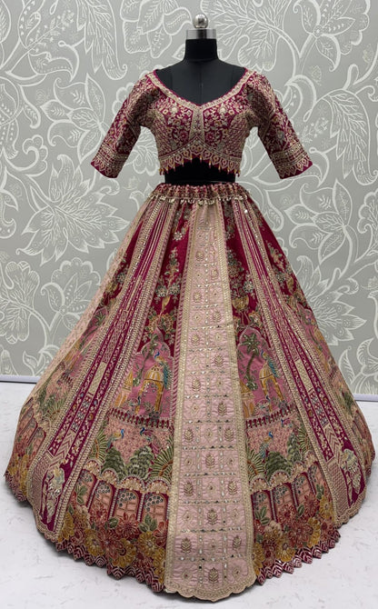 Pink Pure Banarasi Silk &amp; Satin Silk Heavy Embroidery Dori &amp; Zari Hand Mirror Sequins Work Bridal Lehenga Choli
