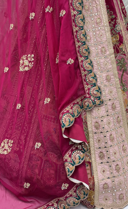 Pink Pure Banarasi Silk &amp; Satin Silk Heavy Embroidery Dori &amp; Zari Hand Mirror Sequins Work Bridal Lehenga Choli