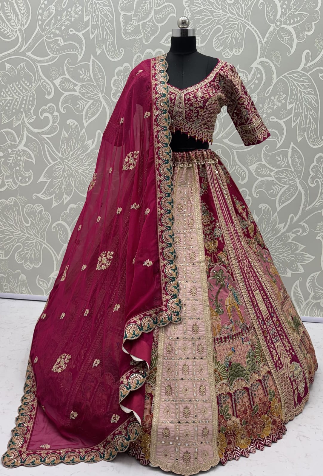 Pink Pure Banarasi Silk &amp; Satin Silk Heavy Embroidery Dori &amp; Zari Hand Mirror Sequins Work Bridal Lehenga Choli