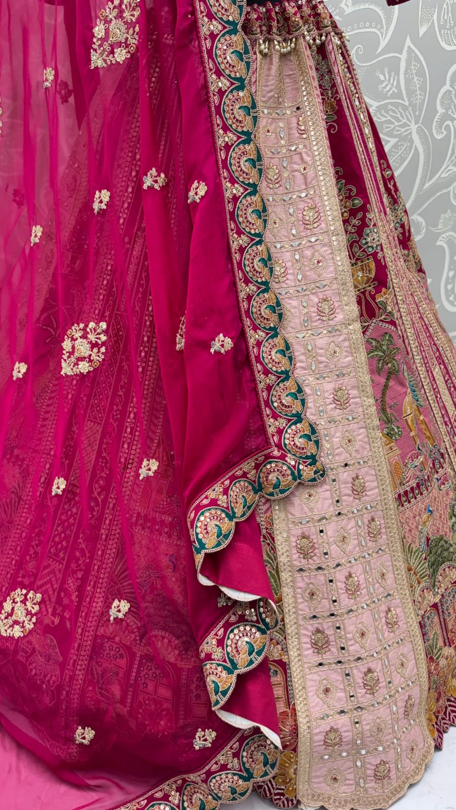 Pink Pure Banarasi Silk &amp; Satin Silk Heavy Embroidery Dori &amp; Zari Hand Mirror Sequins Work Bridal Lehenga Choli