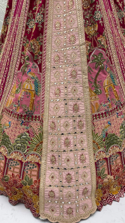Pink Pure Banarasi Silk &amp; Satin Silk Heavy Embroidery Dori &amp; Zari Hand Mirror Sequins Work Bridal Lehenga Choli