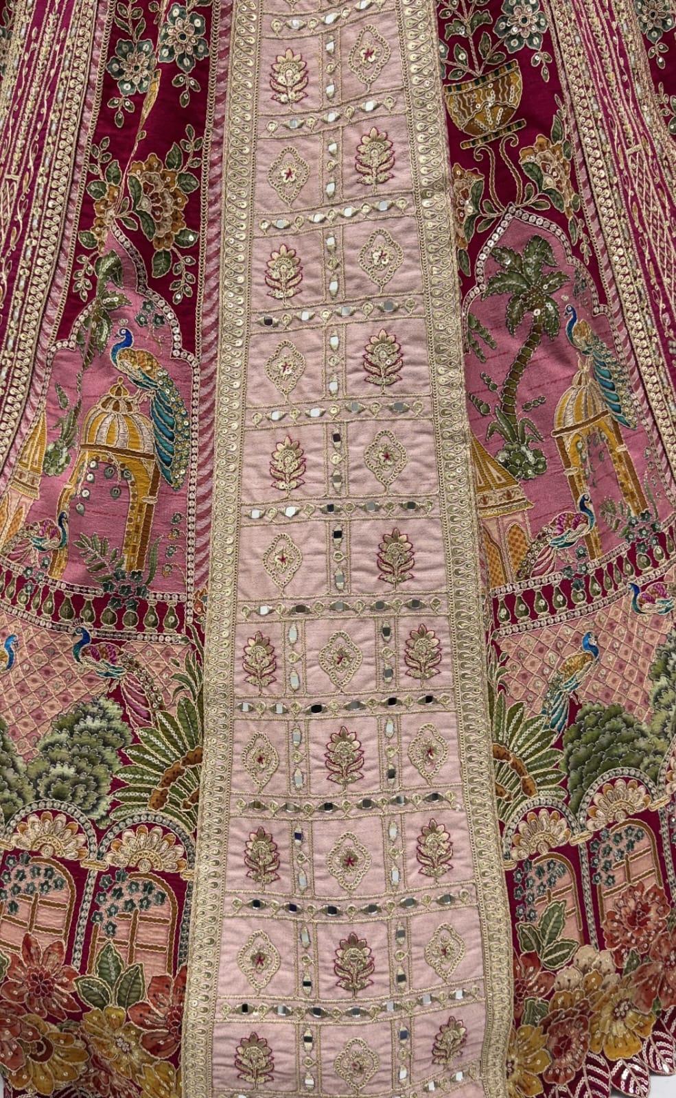 Pink Pure Banarasi Silk &amp; Satin Silk Heavy Embroidery Dori &amp; Zari Hand Mirror Sequins Work Bridal Lehenga Choli