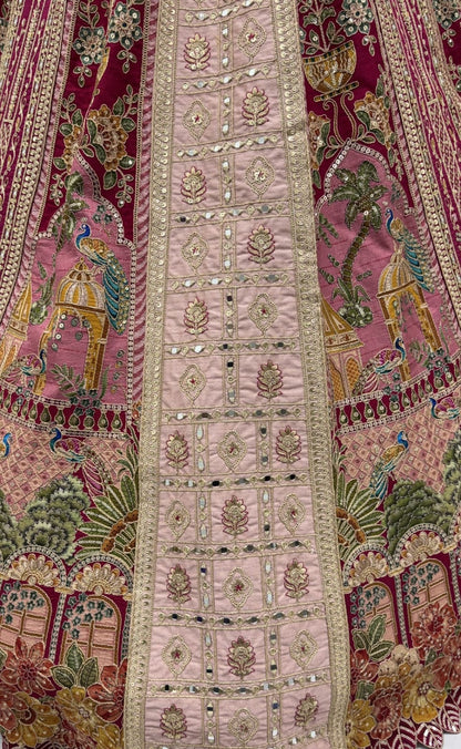 Pink Pure Banarasi Silk &amp; Satin Silk Heavy Embroidery Dori &amp; Zari Hand Mirror Sequins Work Bridal Lehenga Choli