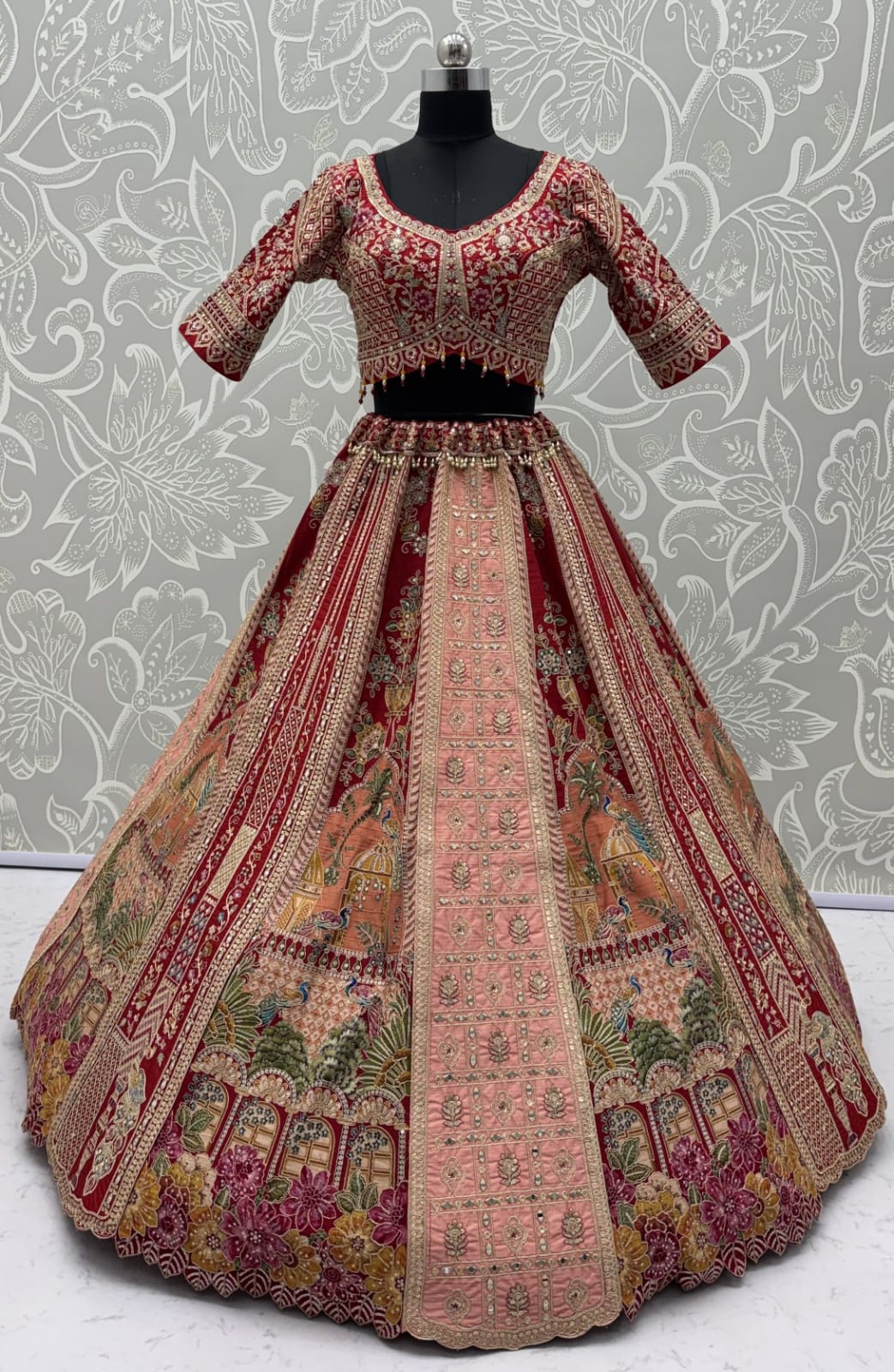 Orange Pure Banarasi Silk &amp; Satin Silk Heavy Embroidery Dori &amp; Zari Hand Mirror Sequins Work Bridal Lehenga Choli