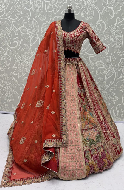 Orange Pure Banarasi Silk &amp; Satin Silk Heavy Embroidery Dori &amp; Zari Hand Mirror Sequins Work Bridal Lehenga Choli