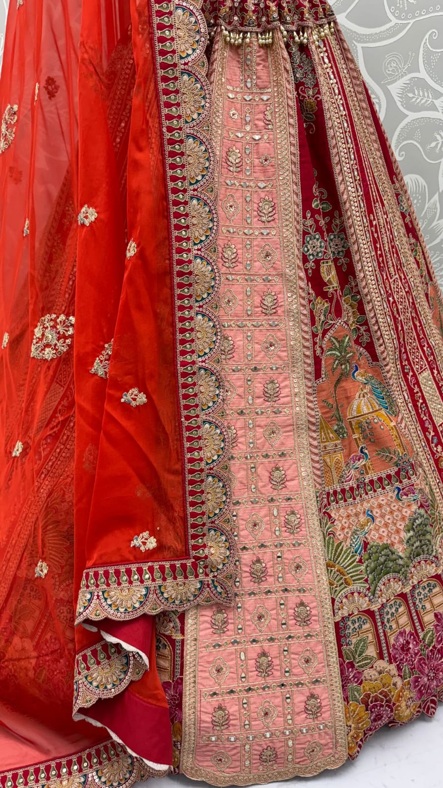 Orange Pure Banarasi Silk &amp; Satin Silk Heavy Embroidery Dori &amp; Zari Hand Mirror Sequins Work Bridal Lehenga Choli