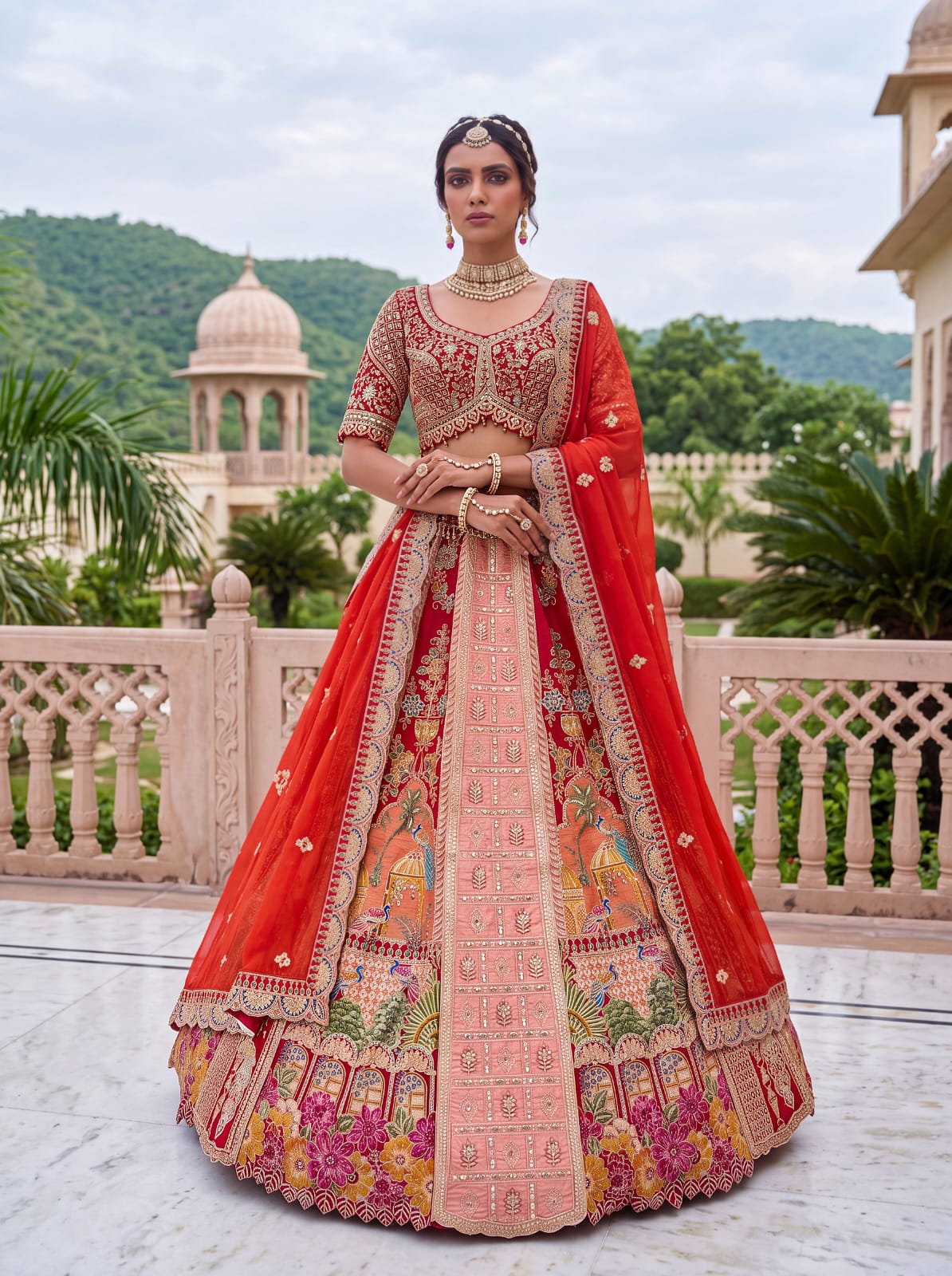 Orange Pure Banarasi Silk &amp; Satin Silk Heavy Embroidery Dori &amp; Zari Hand Mirror Sequins Work Bridal Lehenga Choli