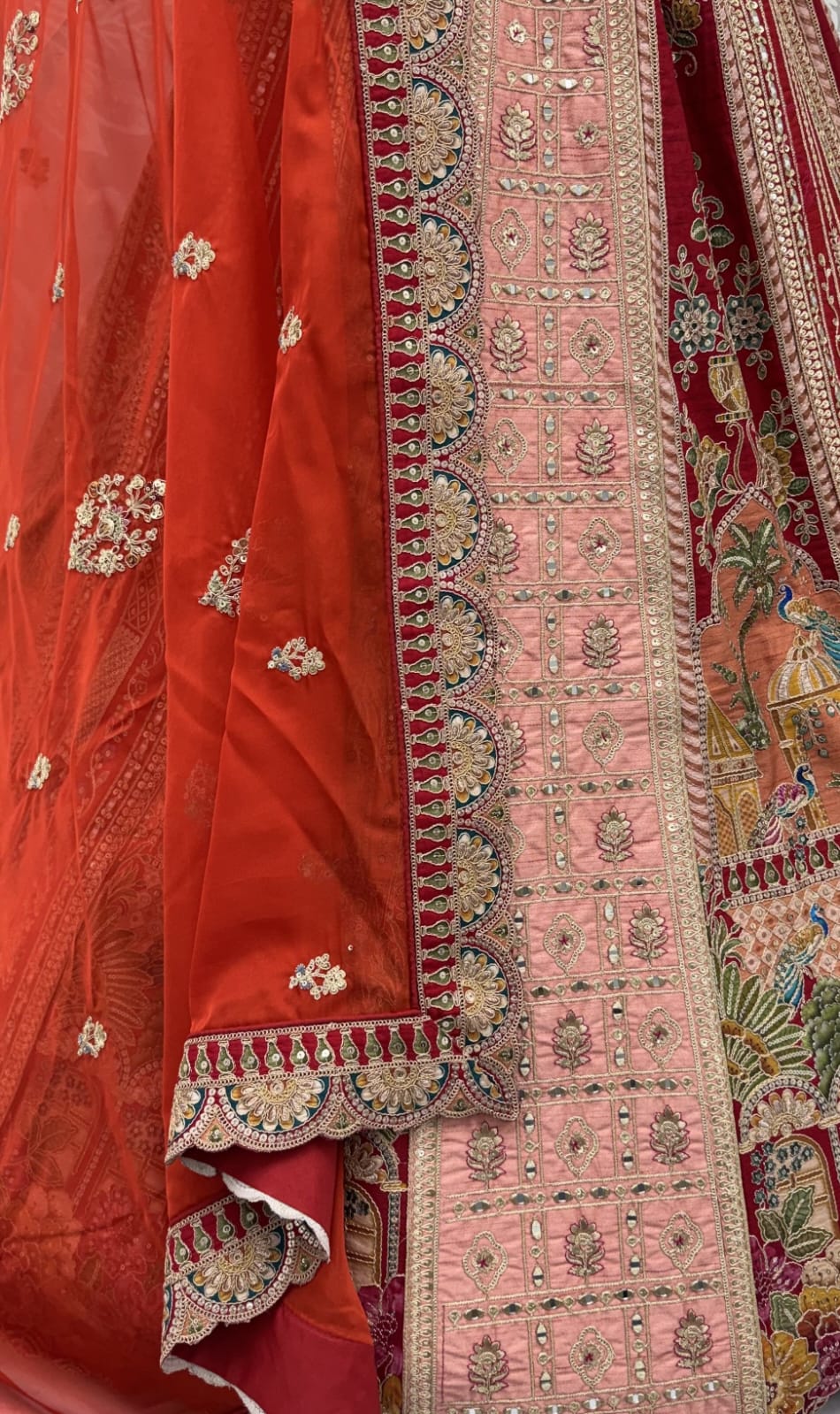 Orange Pure Banarasi Silk &amp; Satin Silk Heavy Embroidery Dori &amp; Zari Hand Mirror Sequins Work Bridal Lehenga Choli