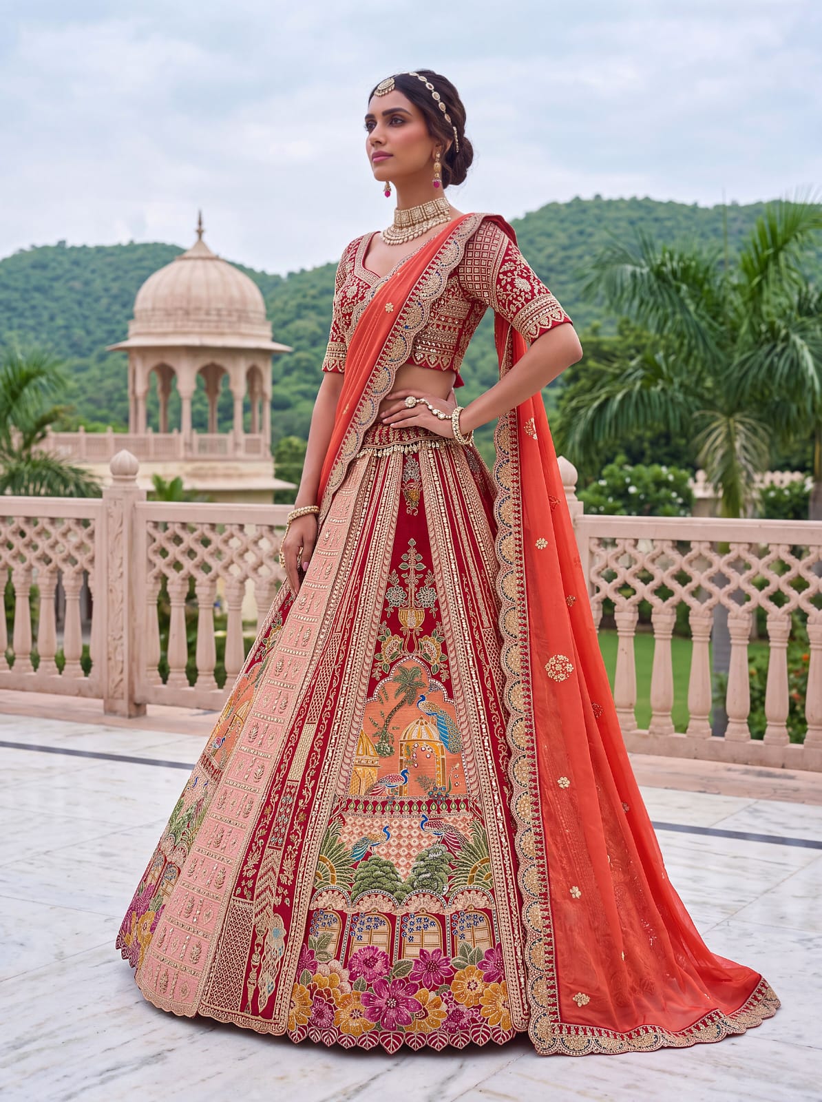 Orange Pure Banarasi Silk &amp; Satin Silk Heavy Embroidery Dori &amp; Zari Hand Mirror Sequins Work Bridal Lehenga Choli