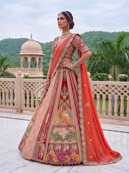 Orange Pure Banarasi Silk &amp; Satin Silk Heavy Embroidery Dori &amp; Zari Hand Mirror Sequins Work Bridal Lehenga Choli