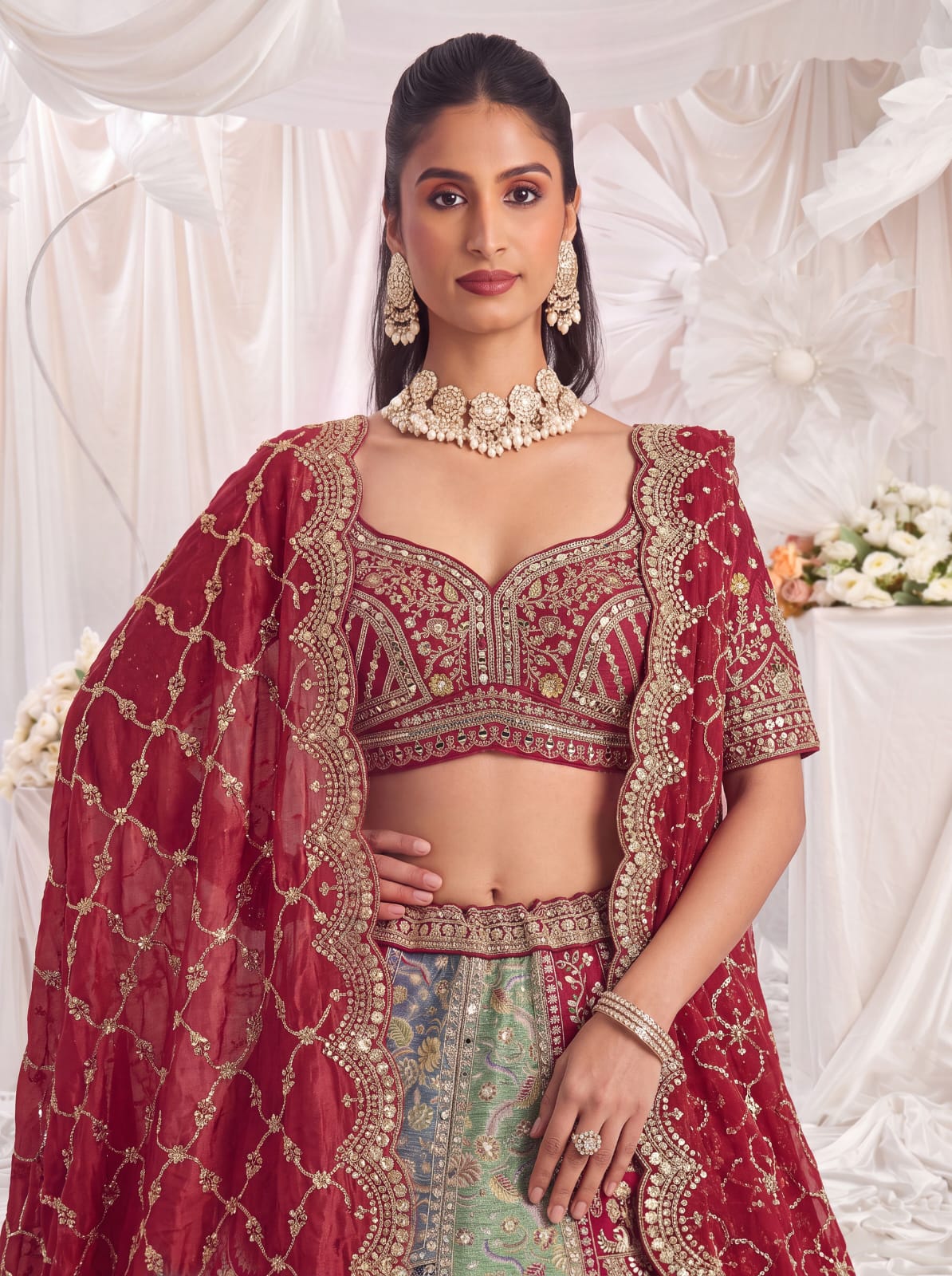 Grey Pure Banarasi Silk Multi-Toned Patchwork Embroidery Real Hand Mirror Sequins Work Bridal Lehenga Choli