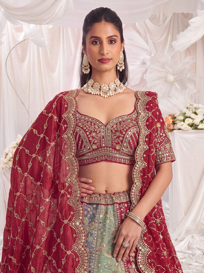 Grey Pure Banarasi Silk Multi-Toned Patchwork Embroidery Real Hand Mirror Sequins Work Bridal Lehenga Choli