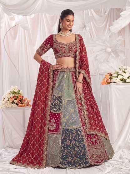 Grey Pure Banarasi Silk Multi-Toned Patchwork Embroidery Real Hand Mirror Sequins Work Bridal Lehenga Choli