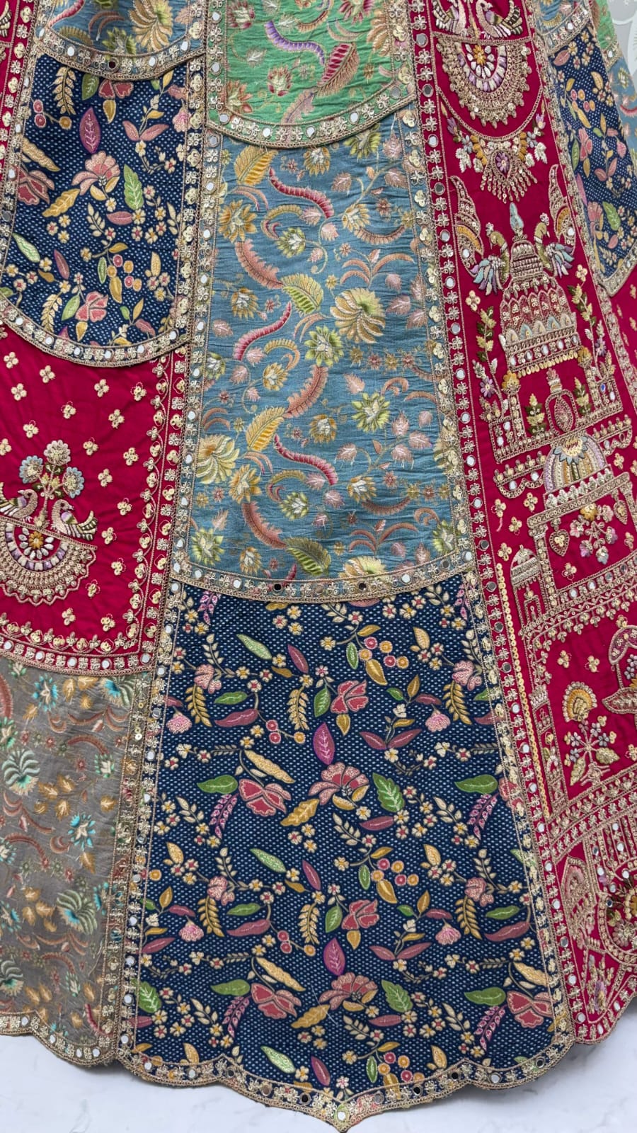 Grey Pure Banarasi Silk Multi-Toned Patchwork Embroidery Real Hand Mirror Sequins Work Bridal Lehenga Choli