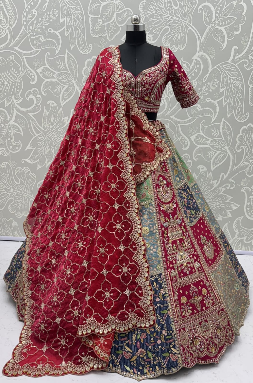 Grey Pure Banarasi Silk Multi-Toned Patchwork Embroidery Real Hand Mirror Sequins Work Bridal Lehenga Choli
