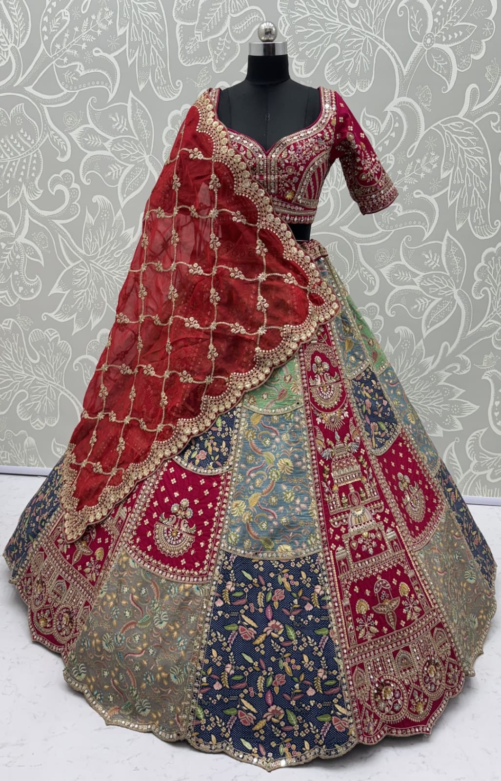 Grey Pure Banarasi Silk Multi-Toned Patchwork Embroidery Real Hand Mirror Sequins Work Bridal Lehenga Choli