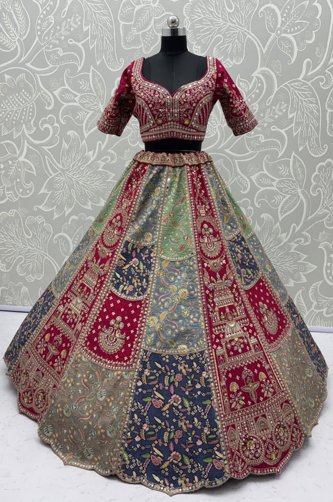 Grey Pure Banarasi Silk Multi-Toned Patchwork Embroidery Real Hand Mirror Sequins Work Bridal Lehenga Choli