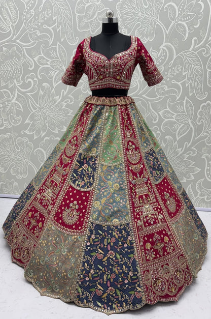 Grey Pure Banarasi Silk Multi-Toned Patchwork Embroidery Real Hand Mirror Sequins Work Bridal Lehenga Choli