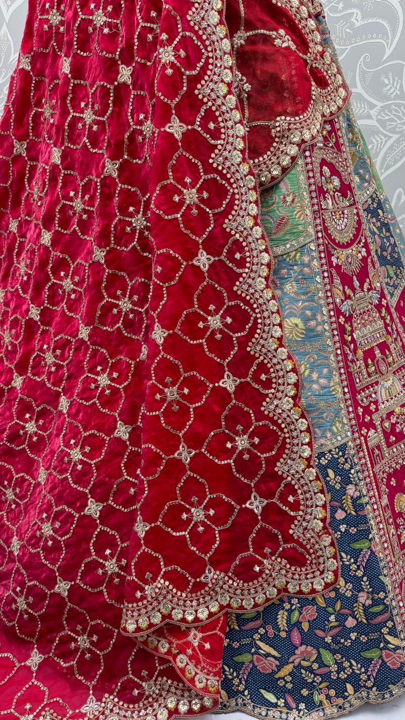 Grey Pure Banarasi Silk Multi-Toned Patchwork Embroidery Real Hand Mirror Sequins Work Bridal Lehenga Choli