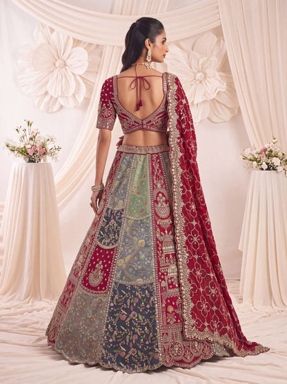 Grey Pure Banarasi Silk Multi-Toned Patchwork Embroidery Real Hand Mirror Sequins Work Bridal Lehenga Choli