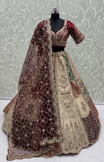 Off White Pure Silk Multi-Toned Patchwork Embroidery Real Hand Mirror Sequins Work Bridal Lehenga Choli