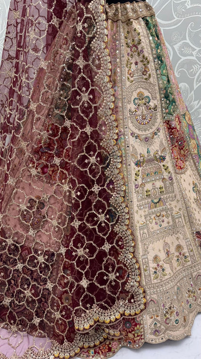 Off White Pure Silk Multi-Toned Patchwork Embroidery Real Hand Mirror Sequins Work Bridal Lehenga Choli