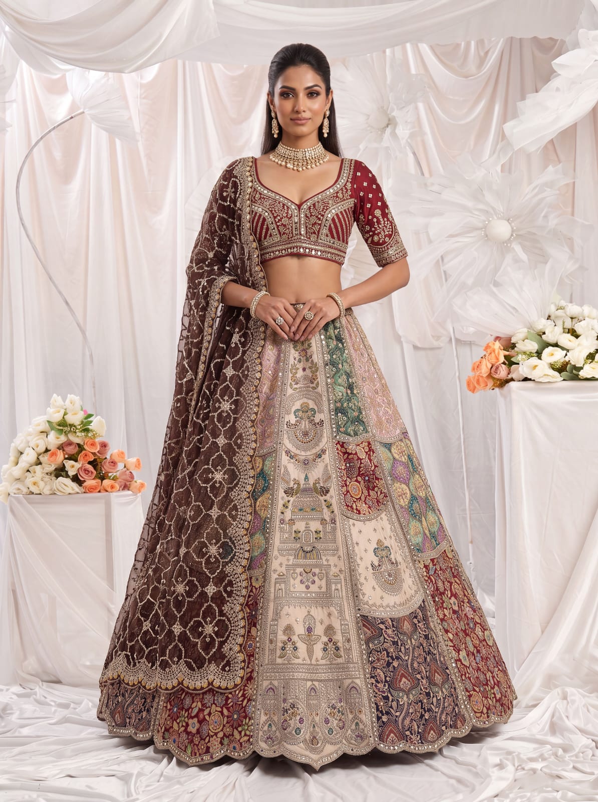 Off White Pure Silk Multi-Toned Patchwork Embroidery Real Hand Mirror Sequins Work Bridal Lehenga Choli