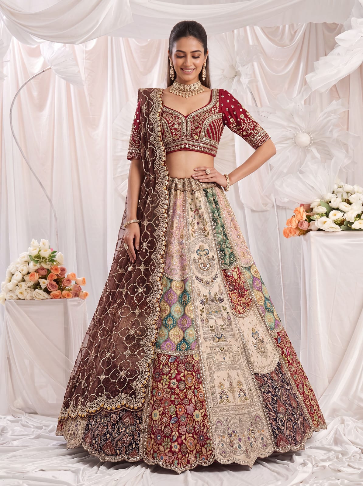 Off White Pure Silk Multi-Toned Patchwork Embroidery Real Hand Mirror Sequins Work Bridal Lehenga Choli
