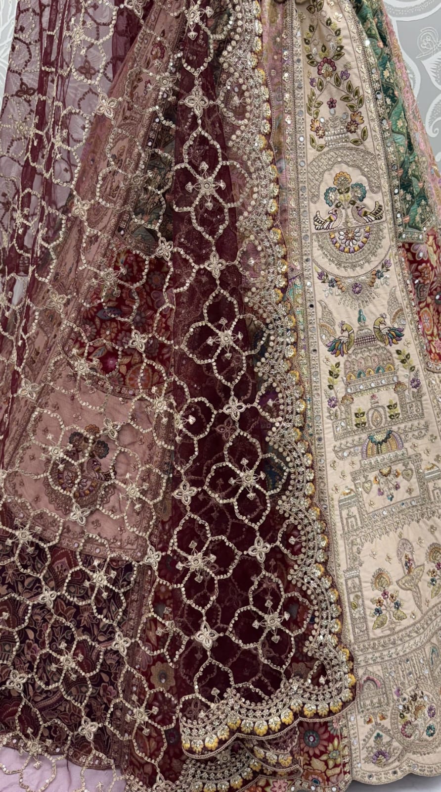 Off White Pure Silk Multi-Toned Patchwork Embroidery Real Hand Mirror Sequins Work Bridal Lehenga Choli
