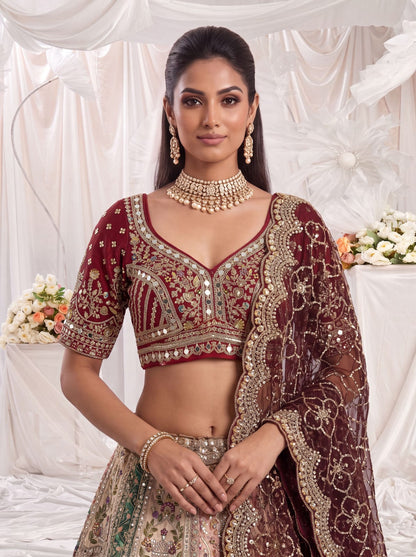 Off White Pure Silk Multi-Toned Patchwork Embroidery Real Hand Mirror Sequins Work Bridal Lehenga Choli