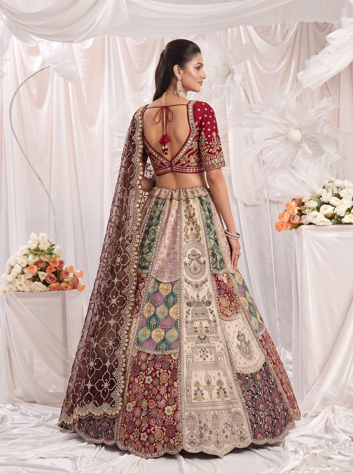 Off White Pure Silk Multi-Toned Patchwork Embroidery Real Hand Mirror Sequins Work Bridal Lehenga Choli