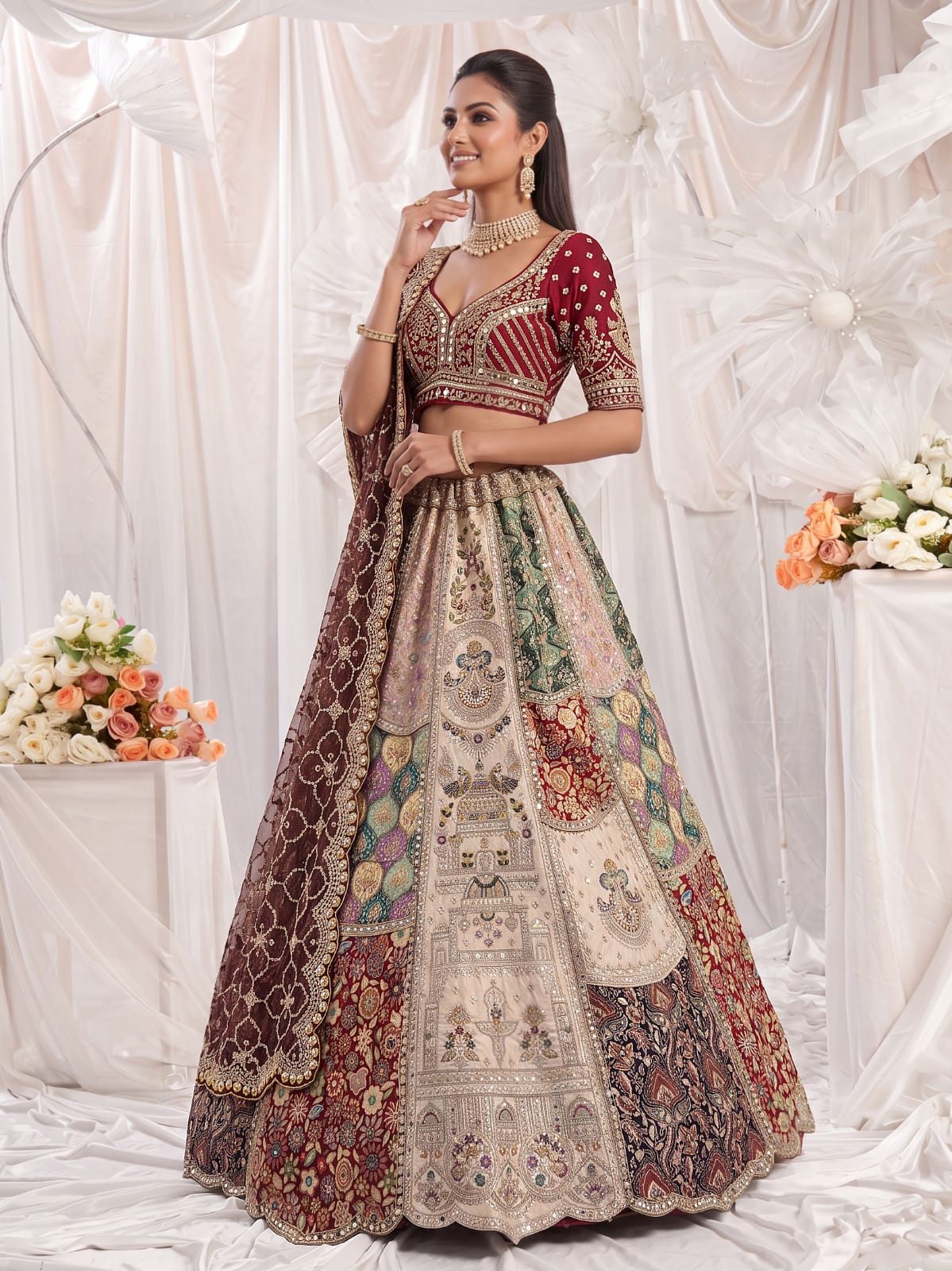 Off White Pure Silk Multi-Toned Patchwork Embroidery Real Hand Mirror Sequins Work Bridal Lehenga Choli