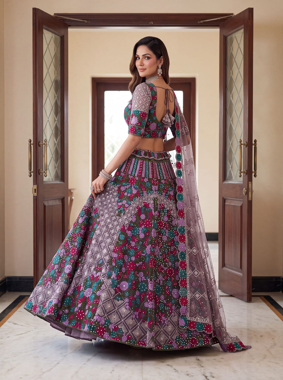 Purple Pure Heavy Net Monochrome Sequins Zari Embroidery Work Net Bridal Lehenga Choli