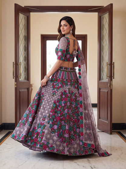 Purple Pure Heavy Net Monochrome Sequins Zari Embroidery Work Net Bridal Lehenga Choli