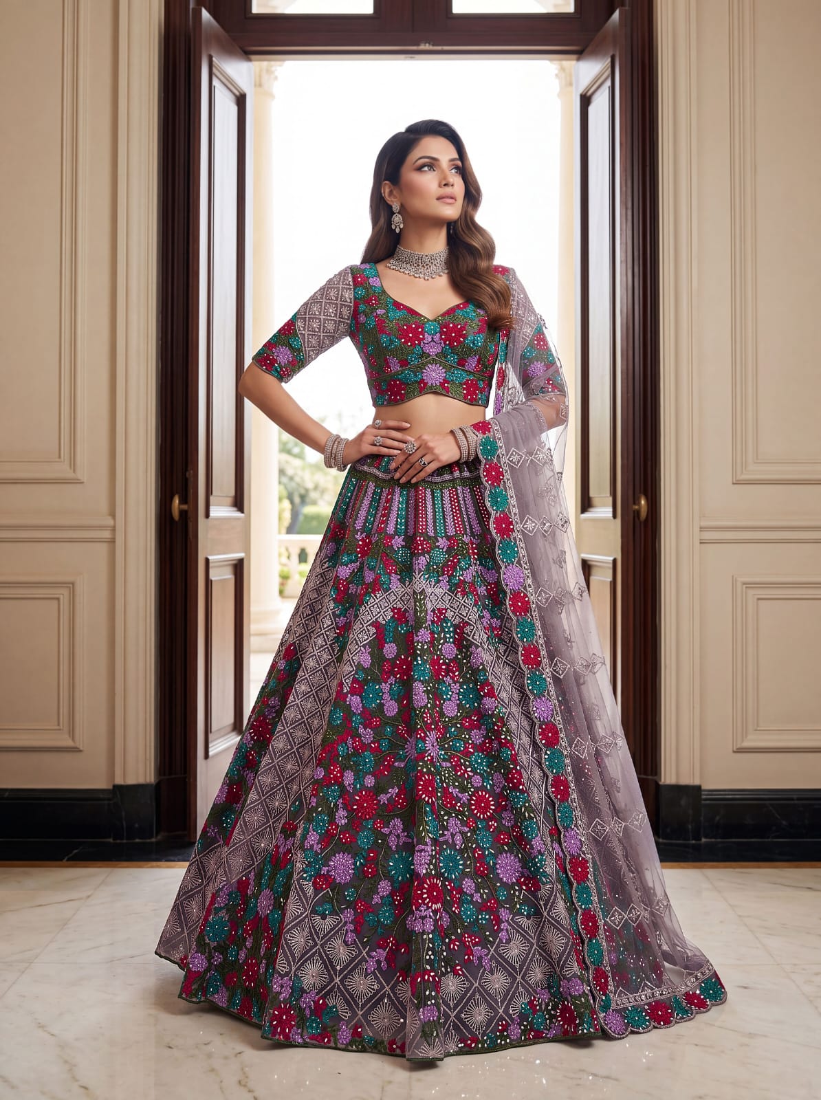 Purple Pure Heavy Net Monochrome Sequins Zari Embroidery Work Net Bridal Lehenga Choli