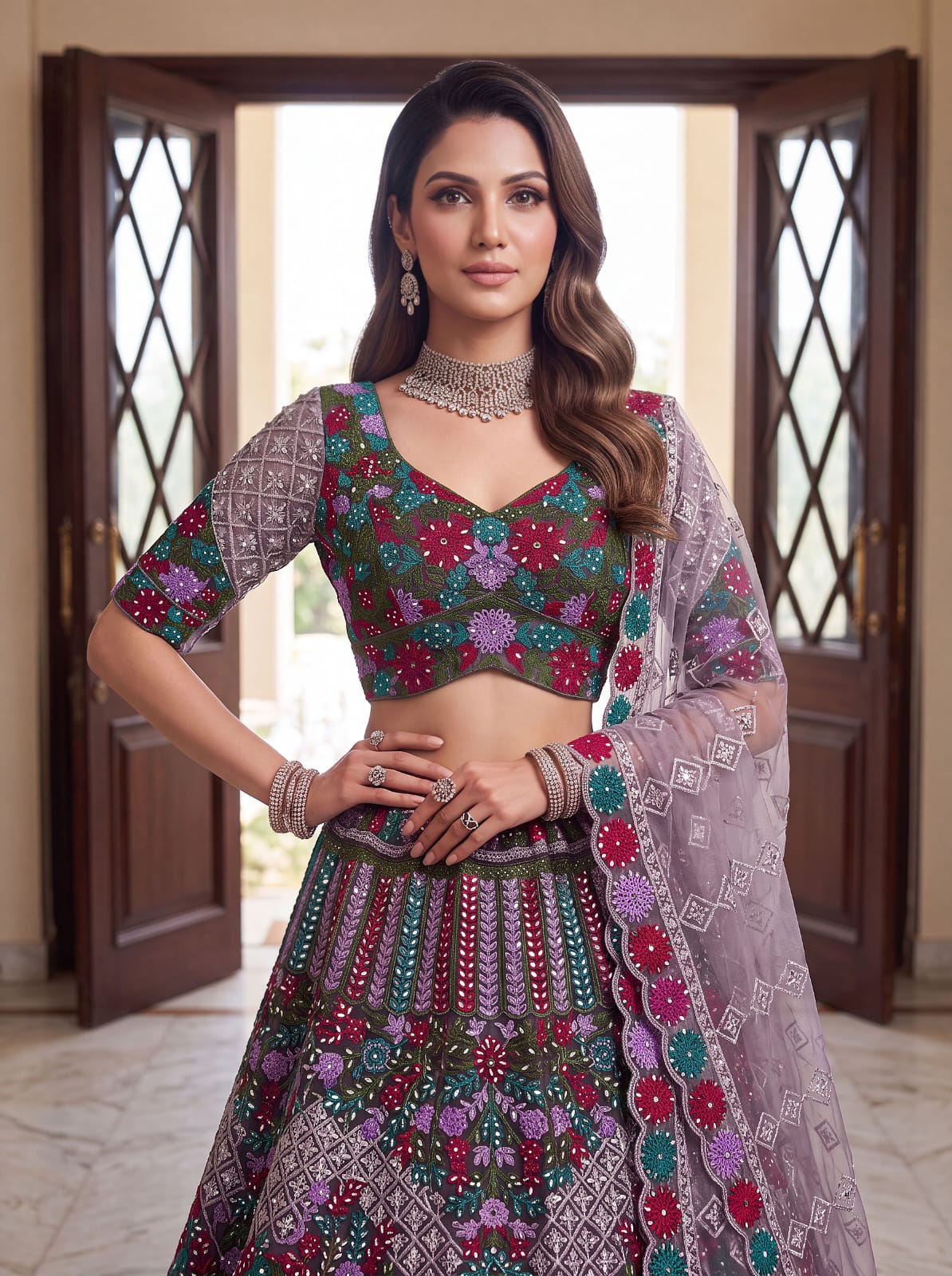Purple Pure Heavy Net Monochrome Sequins Zari Embroidery Work Net Bridal Lehenga Choli
