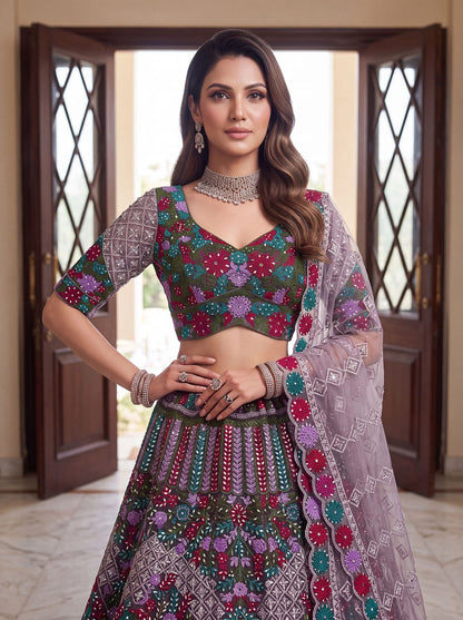 Purple Pure Heavy Net Monochrome Sequins Zari Embroidery Work Net Bridal Lehenga Choli