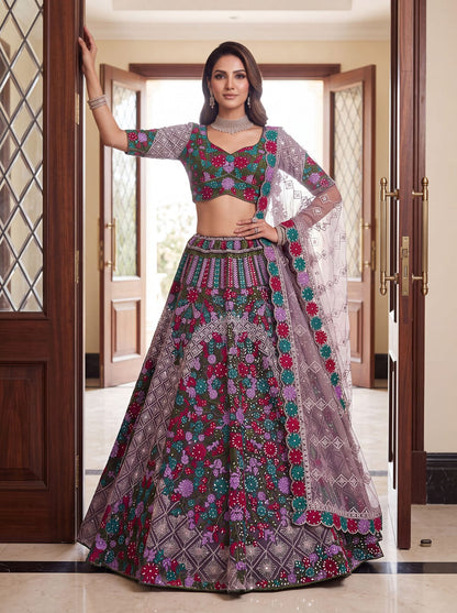Purple Pure Heavy Net Monochrome Sequins Zari Embroidery Work Net Bridal Lehenga Choli