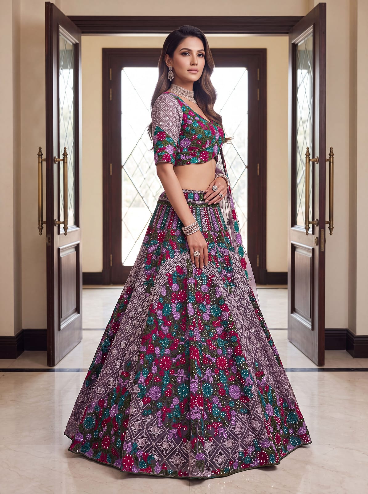Purple Pure Heavy Net Monochrome Sequins Zari Embroidery Work Net Bridal Lehenga Choli