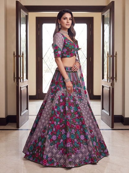 Purple Pure Heavy Net Monochrome Sequins Zari Embroidery Work Net Bridal Lehenga Choli