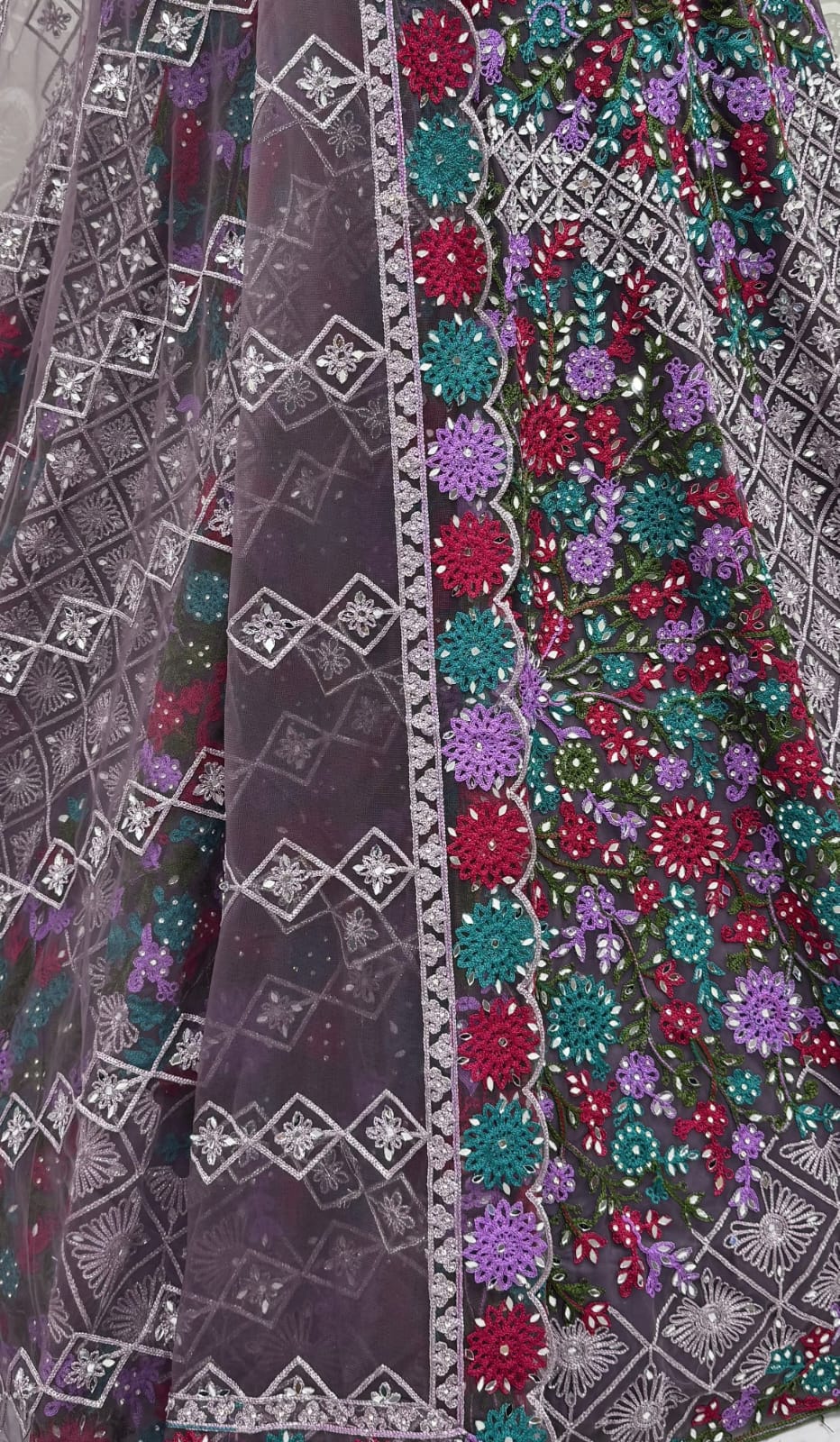 Purple Pure Heavy Net Monochrome Sequins Zari Embroidery Work Net Bridal Lehenga Choli