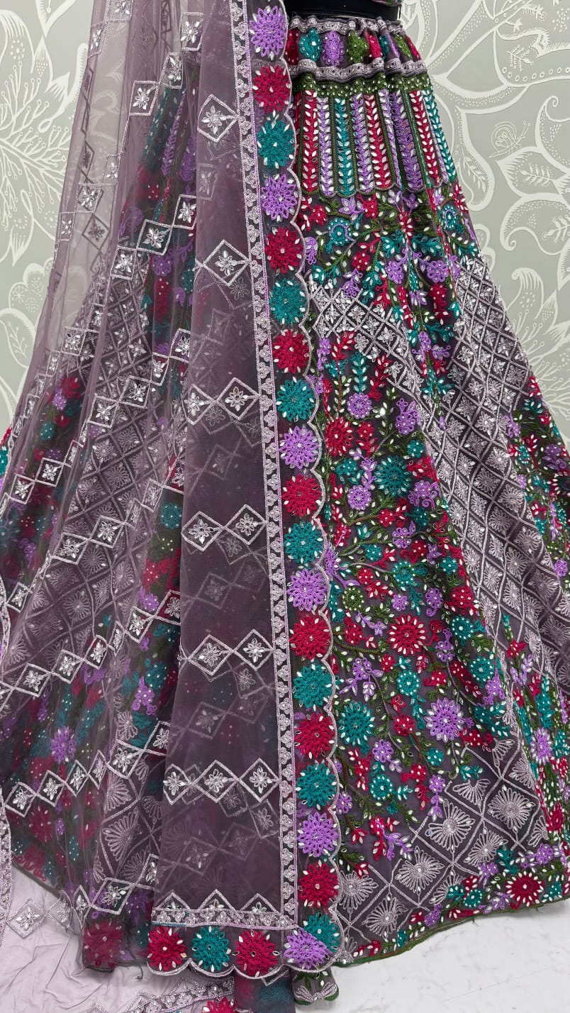 Purple Pure Heavy Net Monochrome Sequins Zari Embroidery Work Net Bridal Lehenga Choli