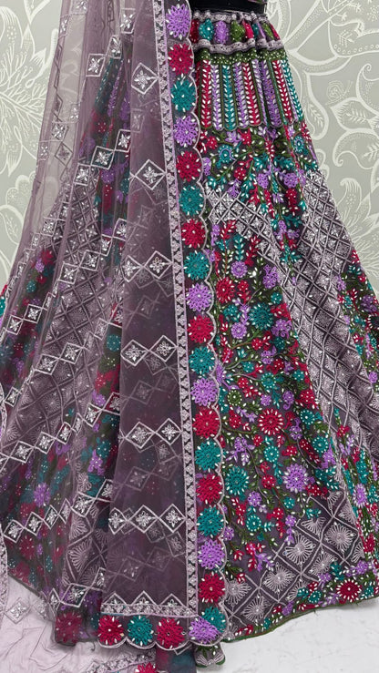 Purple Pure Heavy Net Monochrome Sequins Zari Embroidery Work Net Bridal Lehenga Choli
