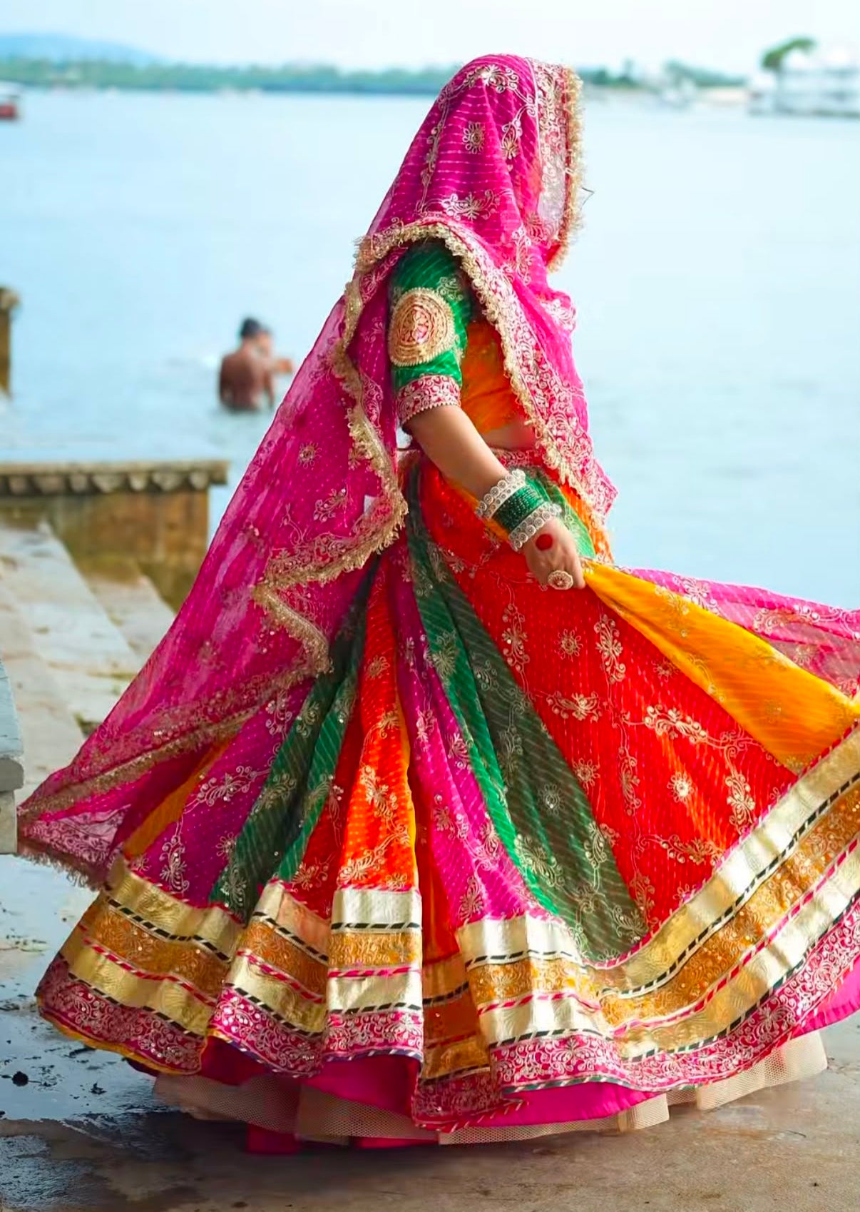 Multi Pure Georgette 08 Mtr Flair With Gotta Patti Rajasthani Rajputi Lehenga Choli