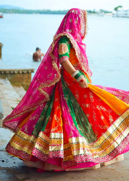 Multi Pure Georgette 08 Mtr Flair With Gotta Patti Rajasthani Rajputi Lehenga Choli