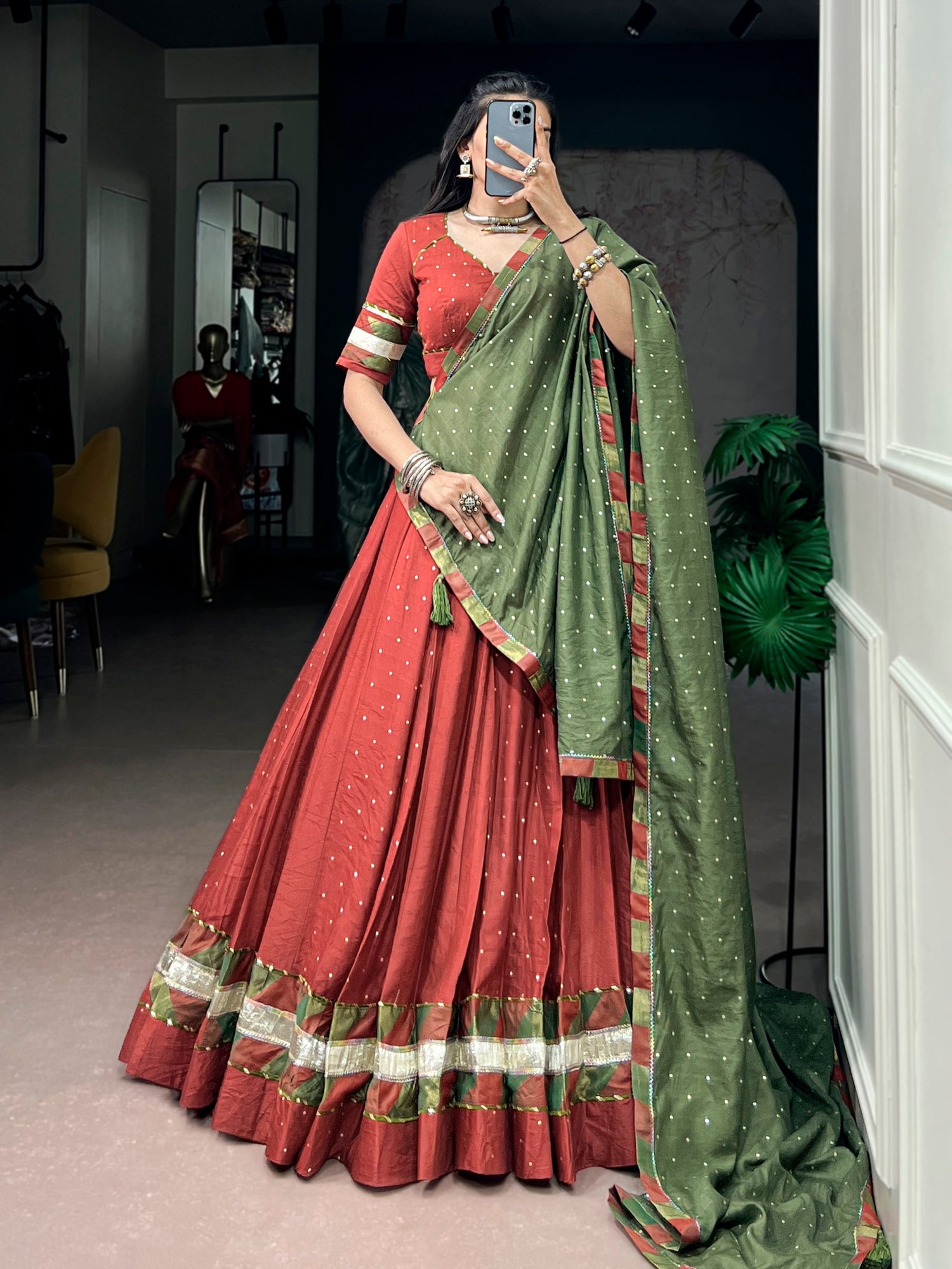 Rust Pure Faux Chanderi Traditional Multi Prints kali Navratri Lehenga Choli